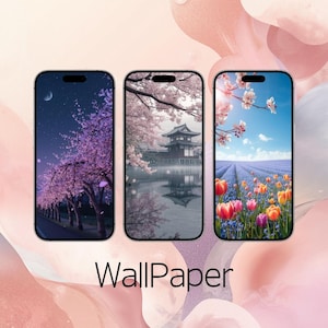 Op de afbeelding: Drie smartphones met natuurthema wallpapers. De schermen tonen een nachtscène met een maan, een Japanse pagode bij een meer en een tulpenveld. Het woord "WallPaper" staat onderaan.