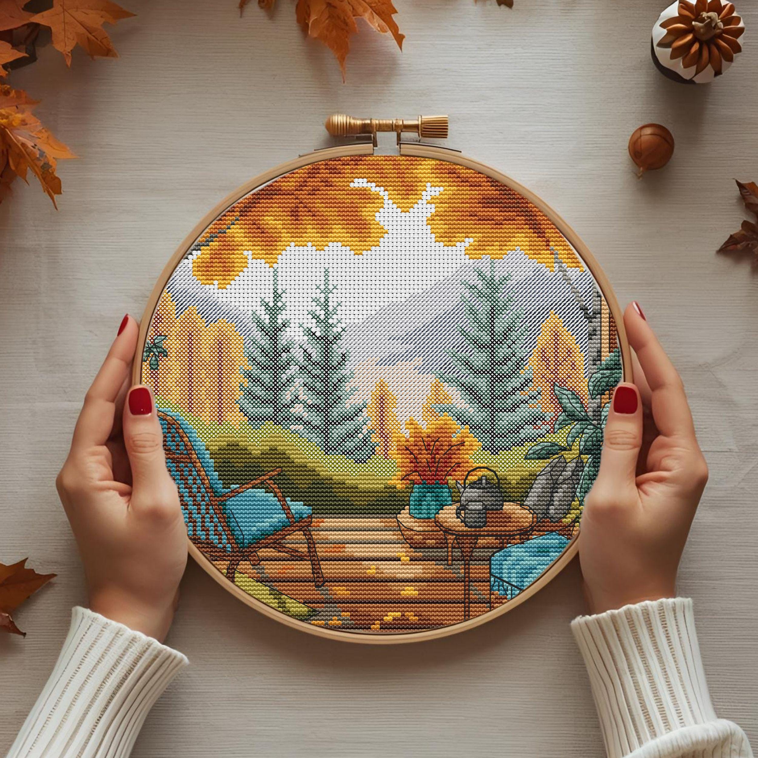 Autumn Landscape Cross Stitch Pattern | Mountain Forest View (PDF