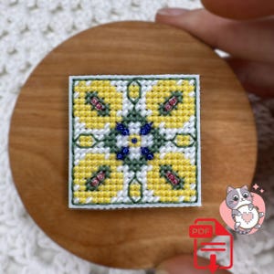 Tile cross stitch pattern magnets, Spanish mosaic mini tiles counted x stitch PDF