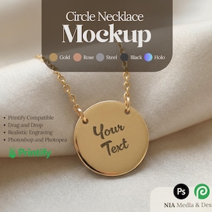 May include: A gold-colored circle necklace with a chain, featuring the text "Your Text" engraved on the pendant. The image includes text that says "Circle Necklace Mockup" and options for different colors. The necklace is displayed on a soft, neutral background.