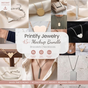 May include: A digital collection of jewellery mockups featuring various gold and silver necklaces and bracelets, including heart pendants, bar charms, and dog tags. The display includes text reading Printify Jewelry 45+ Mockup Bundle.