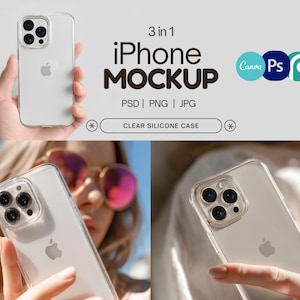 クリアなiPhone対応ケースのモックアップ：ハンドヘルドPhotoshopとCanvaテンプレートPSD、PNG、JPG