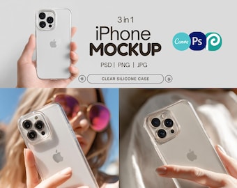 Maqueta de funda transparente compatible con iPhone: Plantilla de Photoshop y Canva (PSD, PNG, JPG)