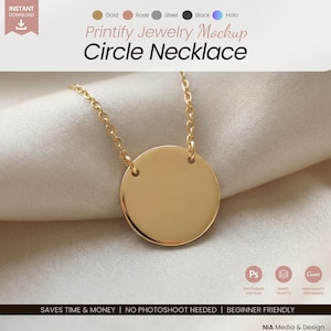May include: A gold-toned circle pendant necklace featuring a smooth, polished round charm suspended from a delicate link chain. The image includes text labels for Printify Jewelry Mockup Circle Necklace and color options like Gold, Rose, Steel, Black, and Holo.