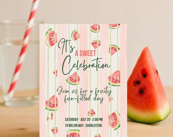 Invitation fête pastèque - invitation d&#39;anniversaire d&#39;été modifiable pour enfants pool party, modèle de célébration fruité imprimable