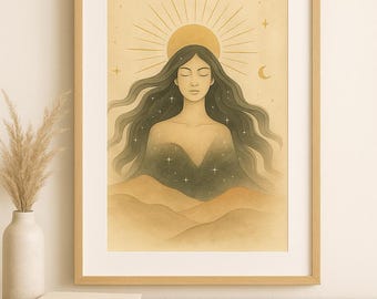 Wydruk artystyczny „Celestial Goddess”: Boho słońce, księżyc, gwiazdy (pobranie cyfrowe)