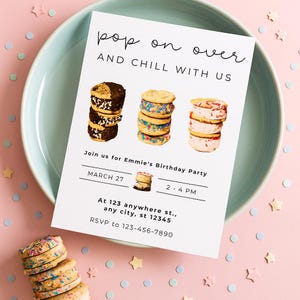 Invitation d'anniversaire de biscuits à la crème glacée modifiables - Invitation à une fête d'été imprimable avec des paillettes colorées, carte de fête pour enfants à téléchargement immédiat