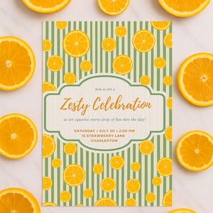 Editable Zesty Lemon Party Invitation Template - Printable Citrus Summer Invite, Custom Orange Card, Canva Editable Design
