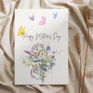 Carte de fête des mères imprimable 5 x 7 | Conception numérique de fleurs sauvages et de papillons | Carte de voeux à téléchargement immédiat