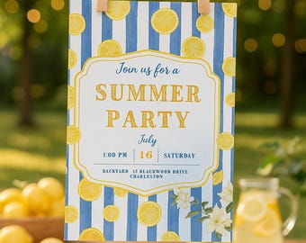 Modèle modifiable de toile d&#39;invitation à une fête d&#39;été citron | Invitation d&#39;anniversaire aux agrumes | Téléchargement instantané | Garden-party pour enfants ou adultes
