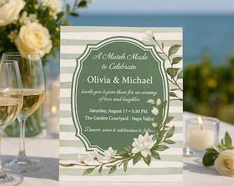 Modèle modifiable d&#39;invitation de fête de fiançailles, invitation de mariage de jardin vert, impression florale élégante pour la célébration d&#39;été