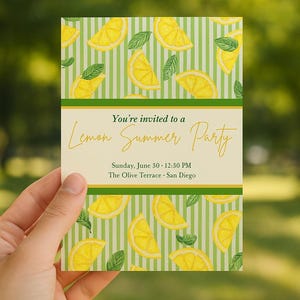 Convite para festa de verão com limão, modelo editável do Canva, convite de aniversário com frutas cítricas, festa no jardim com frutas frescas, download instantâneo