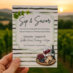 Invitación a cata de vinos, plantilla de Canva "Sip and Savor", invitación a fiesta en el viñedo, imprimible para una noche de vino, evento de queso y vino, descarga instantánea
