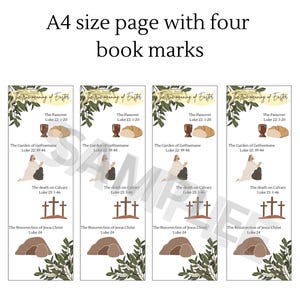 May include: Four printable bookmarks with illustrations and text about the true meaning of Easter. The bookmarks feature images of bread, a chalice, a kneeling figure, a cross, and a tomb. The text includes Bible verses from Luke.