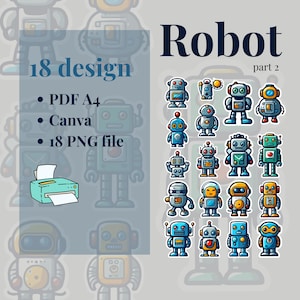 18 Digital Robots Stickers | PNG, PDF & Canva Link | 300 DPI | Instant Download