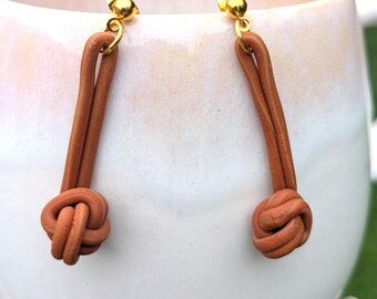 Brown leather effect knot earrings