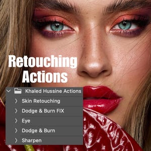 May include: A close-up of a woman's face with red lipstick and dramatic eye makeup. The image is a screenshot of a computer screen showing a list of retouching actions for photo editing software. The actions include "Skin Retouching", "Dodge & Burn FIX", "Eye", "Dodge & Burn", and "Sharpen".