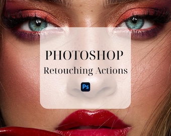 Può includere: Un primo piano di un volto con ombretto rosso e rame vibrante, lunghe ciglia scure e labbra rosse lucide. Una sovrapposizione bianca semitrasparente presenta il testo nero Photoshop Retouching Actions e un'icona blu Ps.