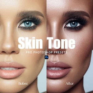 Może przedstawiać: Zdjęcie przed i po pokazujące efekt zastosowania wstępnie ustawionych ustawień Photoshop do kolorytu skóry. Obraz po lewej stronie przedstawia twarz osoby o naturalnym kolorze skóry. Obraz po prawej stronie przedstawia twarz tej samej osoby o bardziej jednolitym i promiennym kolorze skóry. Tekst "Skin Tone" jest wyświetlany dużymi białymi literami nad obrazami. Tekst "Pro Photoshop Presets" jest wyświetlany mniejszymi białymi literami pod obrazami. Tekst "Przed" jest wyświetlany pod obrazem po lewej stronie, a tekst "Po" pod obrazem po prawej stronie.