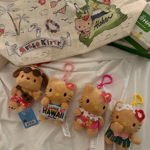 May include: A cream-colored tote bag featuring a Hawaii map print with Hello Kitty, palm trees, and flowers, accompanied by four plush keychains: a brown dog with sunglasses and a ukulele, and three Hello Kitty figures in island attire.