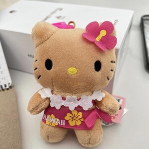 May include: A tan plush toy of a cat character with black eyes and whiskers, a yellow nose, and a pink flower accessory on its head. It wears a white floral lei and a pink dress with yellow hibiscus flowers and the text HAWAII printed on it.