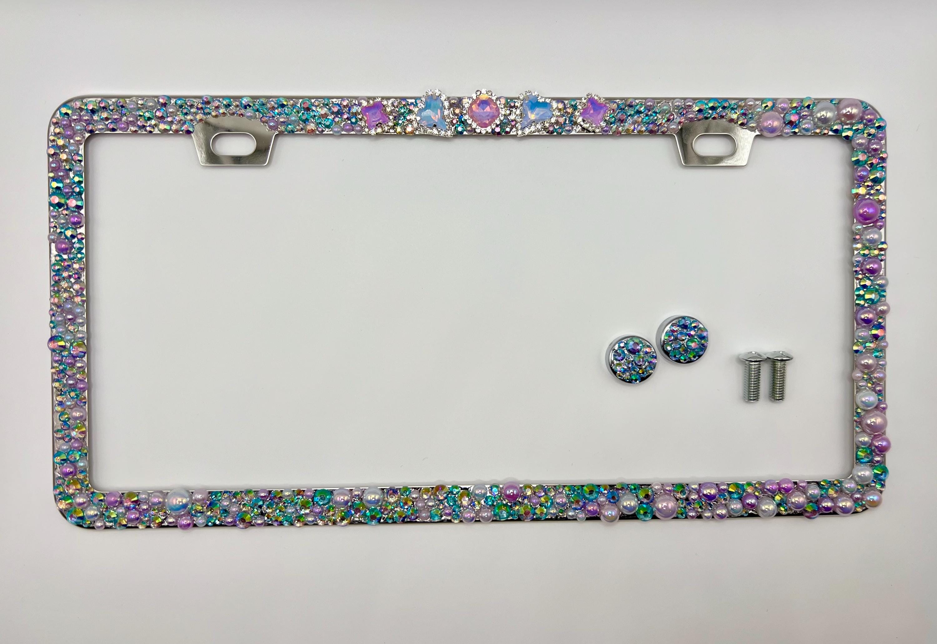 WEDAMER Cornice Porta Targa Auto Con Strass Brillantini - 1 Pezzo - Nero Con Cristalli Iridescenti - Accessorio Auto Donna
