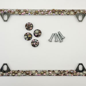 Girly License Plate Frame Rhinestone Glitter Bedazzled Bling Pearl Pink Yellow Brown Cream