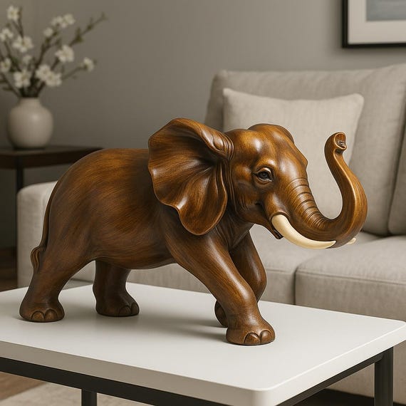 Lucky Elephant Figurine|African Home Decor |Ivory Coast Symbol of Strength & Wisdom | Wood Style Elephant Sculpture for Shelf,TV Stand,Desk