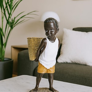 African Boy Figurine Basket Holder – Tribal Kid Statue Pen, Scissors etc. Organizer, African Home Decor, Ethnic Black Art Ornament, Gift Idea
