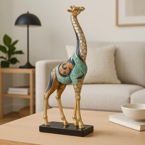 アフリカキリン像セット - 手作り樹脂製置物、ホームデコレーション、リビングルーム、オフィス、ギフトに最適なエスニックサファリ動物彫刻