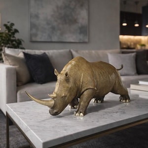 Puede incluir: Una escultura de rinoceronte de color bronce con un cuerno largo, colocada sobre una mesa de centro con tapa de mármol. La escultura presenta detalles realistas y está en un salón.