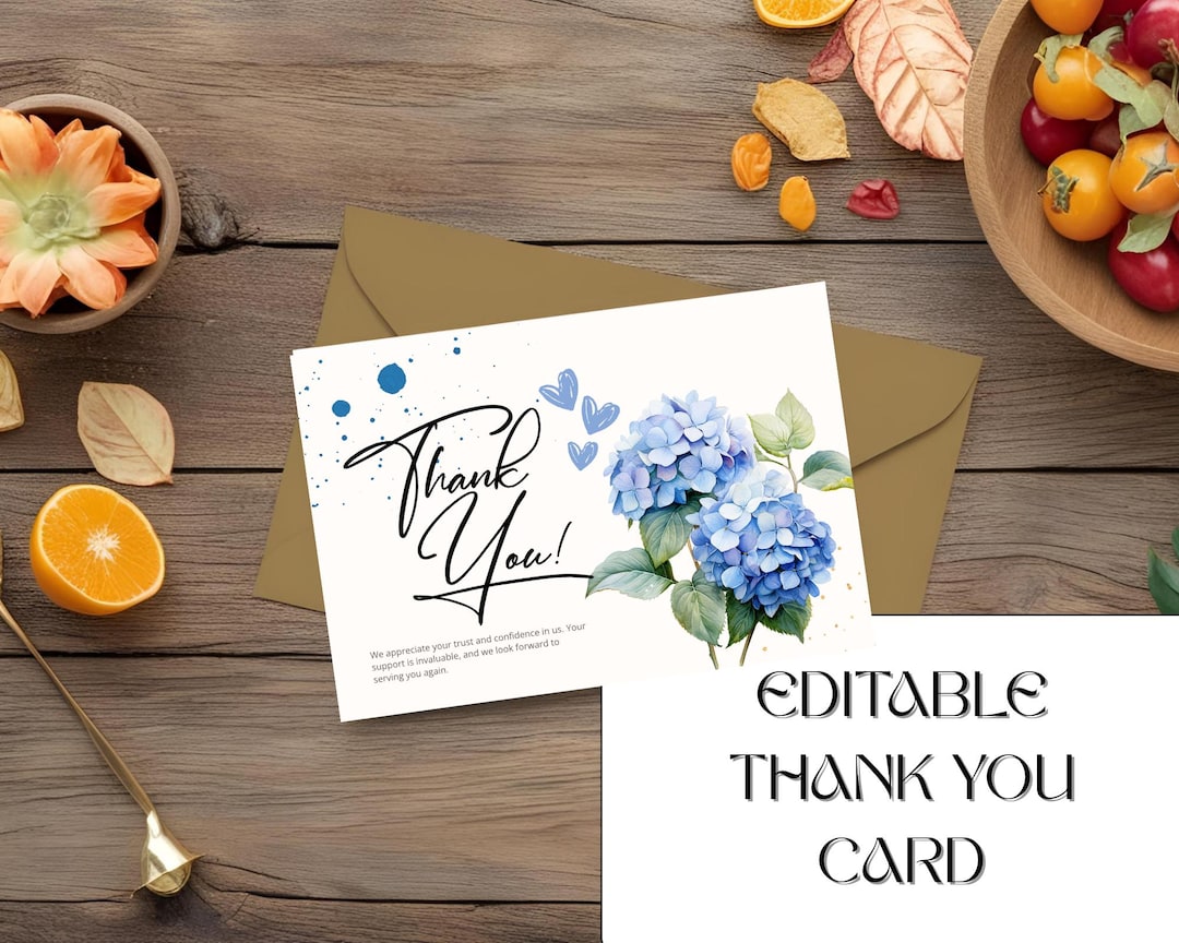 Hydrangea Floral Thank You Card: Elegant Printable (editable PDF) - Etsy