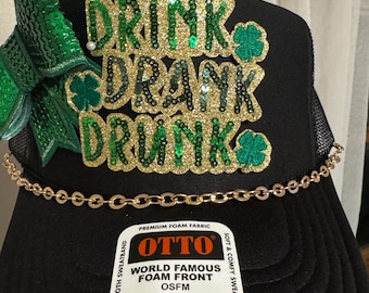 Drink drank drunk St. Patrick’s day hat, trucker hat with bow and chain