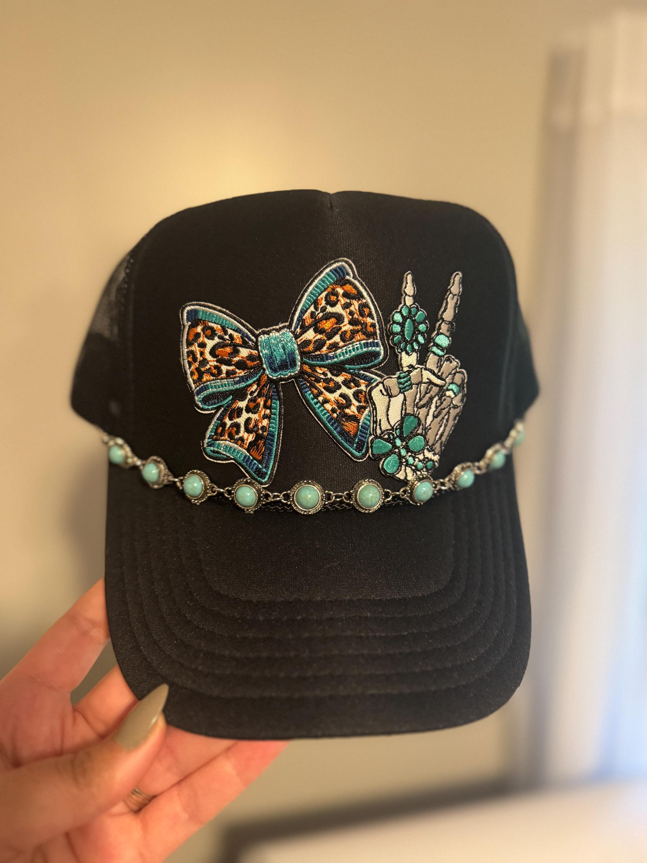 Leopard Bow Trucker Hat With Turquoise Chain - Etsy display picture 1