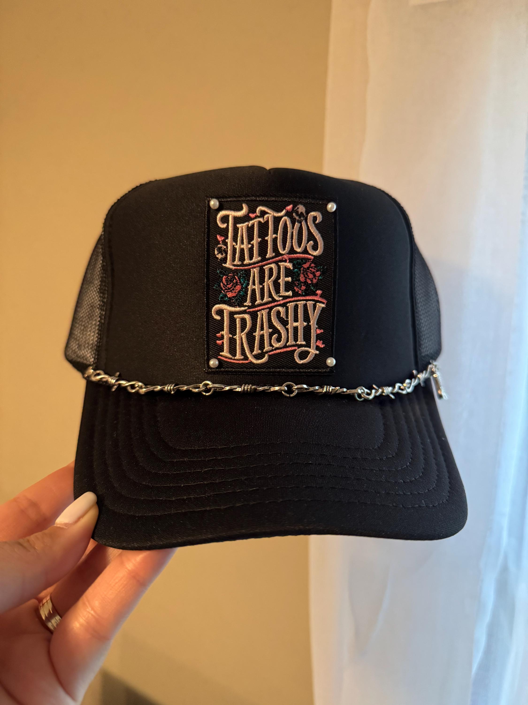 Tattoos are trashy trucker hat, trucker hat with patches and chain, summer hat, bachelorette party hat, gift for her, hat with chain