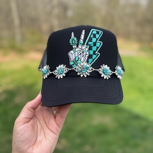 Peace Sign Trucker Hat: Turquoise Concho Chain, Snapback Ball Cap