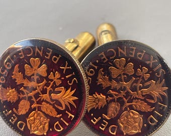 Boutons de manchette vintage pour hommes de 1959 six pence enduits d'émail