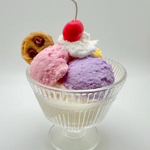 Sweet Scoops Ice Cream Candle. A Dessert Candle in a Beautiful Glass Ice Cream Dish. Colorful 3 Ice Cream Scoop Candle with a Cherry on top.