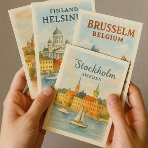 Watercolor Travel Postcards – Set of 15 European Cities | Printable A6 Art Cards. Aquarell-Reisepostkarten – Set mit 15 Städten Europas | Di