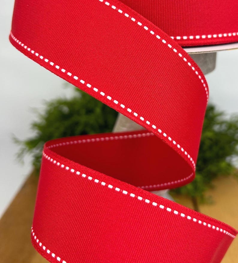 Red Wired Ribbon With White Stitched Edge, 1.5 Inch Americana Trim ...