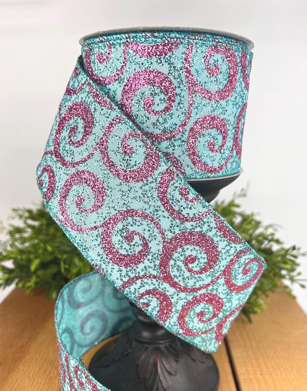 Pink Swirl Ribbons Aqua Pink Glitter Wired Ribbon, Swirl Scroll, 10 Yards - Etsy