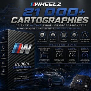 May include: Promotional image for WHEELZ, showcasing a black box with "21,000+ CARTOGRAPHIES" and a BMW logo. The image highlights performance, reliability, and optimization, with a car and a performance module. Includes text in French.