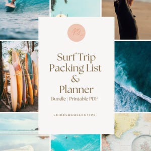 Può includere: Un collage con scene di surf e un pacchetto "Surf Trip Packing List & Planner". Le immagini includono un surfista, tavole da surf e una mappa. Il pacchetto è un PDF stampabile.