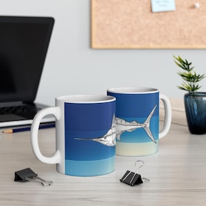 Pacifig Blue Marlin Mug, Unique Deep Sea Fishing Gift, Ocean Predator Mug, Sketch-Drawn Pacific Blue Marlin Mug, Marlin Art Coffee Cup