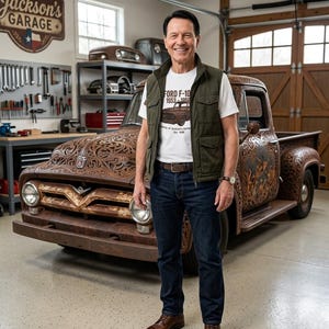 Puede incluir: Un hombre posa junto a una camioneta Ford F-100 clásica en un garaje. La camioneta presenta elaborados detalles metálicos. El hombre viste una camiseta blanca con un gráfico de Ford F-100, un chaleco verde, vaqueros azules oscuros y zapatos marrones.