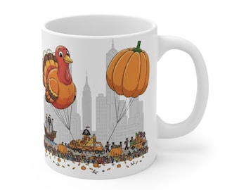 NYC Thanksgiving Day Parade 2025 Souvenir Mug: Vintage Style New York City Skyline Coffee Cup with Turkey Balloon and Fall Parade Art,