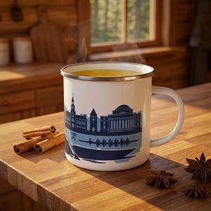 May include: White enamel mug with a silver rim, filled with a yellow liquid. The mug has a blue and white cityscape design with a boat and rowers. Cinnamon sticks and star anise are on the wooden surface. The mug is on a wooden table.