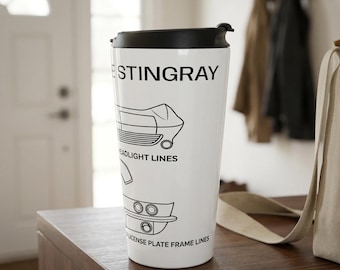 Caneca de viagem com diagrama do Corvette Stingray, detalhes vintage C2.