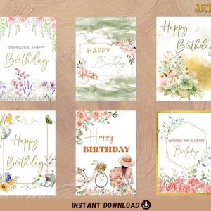 Pacote de cartões de aniversário para impressão Cartão de aniversário floral Cartão de aniversário com tema de primavera Cartão de aniversário colorido para ela Download digital instantâneo