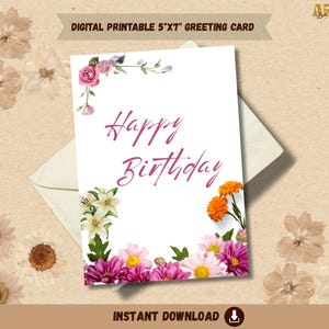 Printable Birthday Card Floral Birthday Card Flower Birthday Card Print at Home Birthday Card Happy Birthday Card for Her Digital Download
